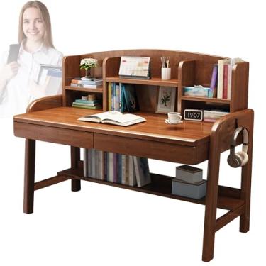 Imagem de Mesa de madeira Soild para computador com cabana, mesa de trabalho de escritório em casa com prateleiras de gaveta, mesa de escritório em casa, mesa de estudo, para espaço pequeno, laptop, computador
