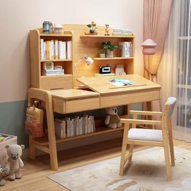 Imagem de Yadlan Mesa de estudo com gavetas em ambos os lados, altura ajustável e inclinada de 0 a 60°, mesa infantil com estante para crianças de 5 a 12 anos, mesa de escrita para espaços pequenos, cor de