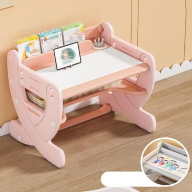 Imagem de Yadlan Conjunto de mesa e cadeira infantil com altura ajustável, fácil de limpar, mesa de estudo e estação de trabalho multifuncional, com estante e suporte de copo rosa