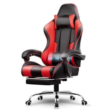 Imagem de HGTRH Cadeira de jogos com apoio para os pés, cadeira ergonômica para computador com apoio de cabeça massagem lombar apoio de cabeça 90°-135° reclinável ajustável 360° giratório preto e vermelho