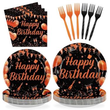 Imagem de Greencian 96Pcs Orange Black Happy Birthday Party Supplies Black Orange Cheer Theme Plates and Napkins Halloween Graduation Party Decorations Tableware Set for Women Men Birthday Supplies Serves 24
