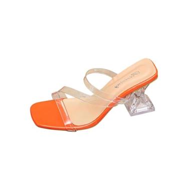 Imagem de Sandálias femininas de salto alto com tira transparente salto de cristal design de salto grosso tamanho grande, Laranja, 34