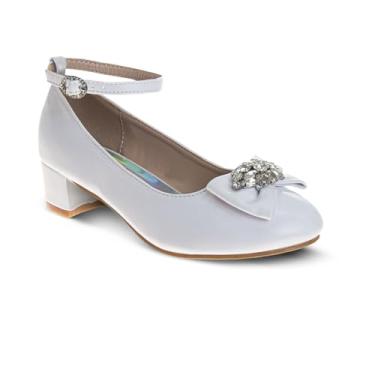 Imagem de Josmo Sandália social elegante para meninas, metálica, tira no tornozelo, salto bloco sandália para crianças pequenas e grandes, Brilho branco, 16