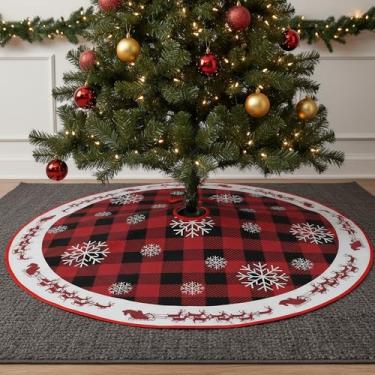 Imagem de Saia de árvore de Natal com estampa de xadrez vermelho e floco de neve, tapete de árvore vermelha de 88 cm para decoração de feriados, inverno, Natal, ambientes internos e externos
