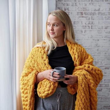 Imagem de Cobertor De Malha Grossa, Cobertor De Fio De Malha Volumoso Feito à Mão, Manta De Malha Super Grande, Decoração De Quarto Cama Cadeira Sofá Tapete De Yoga Tapete Tecido Coberto, Yellow, 100 * 200 CM