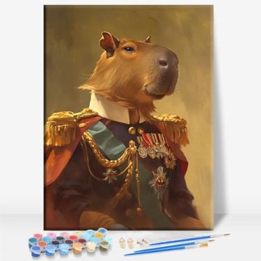 Imagem de HUINORYA Retrato de uma capivara em uniforme militar capivara tela emoldurada kit de pintura DIY por números bar café caverna casa de banho parede banheiro varanda pátio decoração presente, 40,6 x