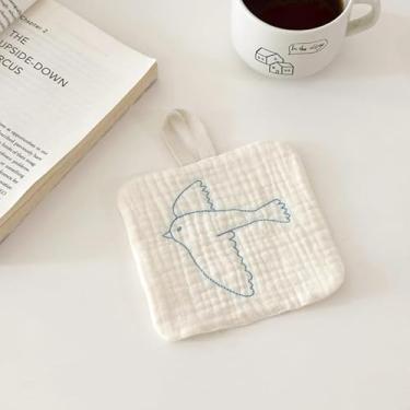 Imagem de Porta-copos de mão bordados, peça única, design de laço acolchoado, jogo americano absorvente de cozinha para copos, canecas, decoração de mesa, pássaro pequeno