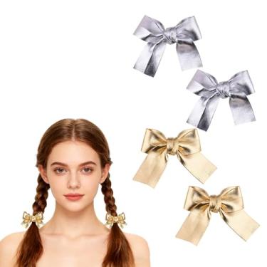 Imagem de 4 presilhas metálicas com laço de cabelo dourado com glitter para mulheres, acessórios de cabelo brilhantes de aniversário de Natal para festa, clipes de laço de discoteca para tranças, presilhas de