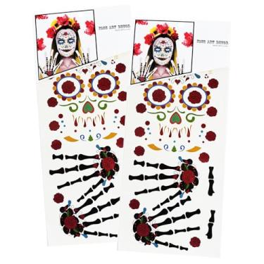Imagem de Pacote com 2 tatuagens vibrantes de rosto morto e esqueleto - Caveira floral grande com desenho de açúcar para Halloween, Día de los Muertos, fantasia de cosplay para adultos e crianças (crânio-rosa)