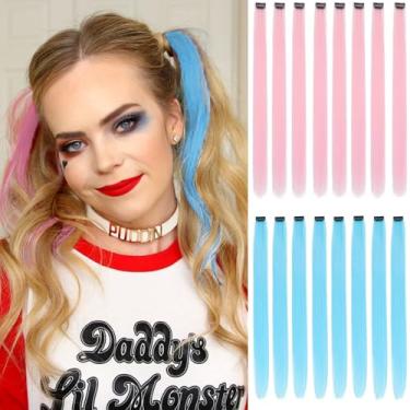 Imagem de Extensões de cabelo coloridas com clipe de 55 cm, pacote com 16 (8 azul-petróleo + 8 rosa) - Acessórios de cabelo sintético para fantasias de Halloween, festas de Natal e decoração de aniversário