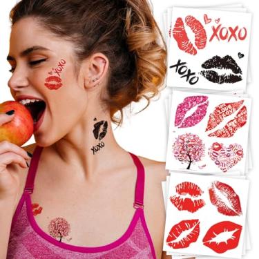 Imagem de Adesivos de tatuagem temporária do Dia dos Namorados – Pacote com 9 lábios de beijo, carta de amor e árvore do amor, tatuagens falsas para festivais, festas e ocasiões românticas, 9,4 x 9,4 cm