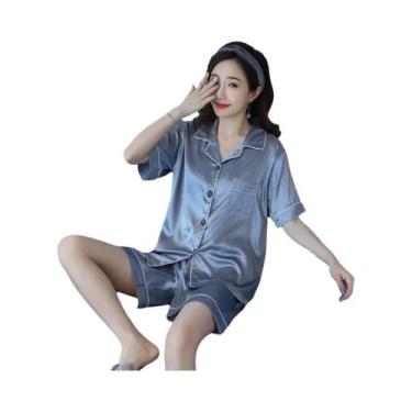 Imagem de Conjunto De Pijamas De Seda Satinada Feminino 2 Peças Com Botões, Roup