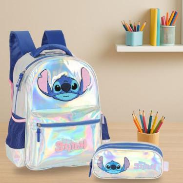 Imagem de Kit Mochila Costas Infantil + Estojo Triplo Luxo Stitch Holográfica - 