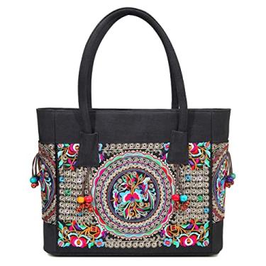 Imagem de SILKAREA Bolsa feminina bordada grande de lona com zíper, feita à mão, vintage, bolsa de ombro, S1 Preto, Small