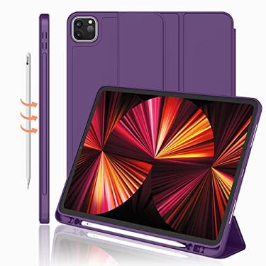 Imagem de iMieet Nova capa para iPad Pro de 11 polegadas 2021 (3ª geração) com suporte para lápis [suporta iPad 2ª carga de lápis/par], capa inteligente com suporte de três dobras com parte traseira de TPU macio, despertar/hibernar automático (roxo escuro)