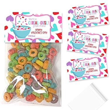 Imagem de Amanda Creation You're A Great Friend Toppers de cereais de café da manhã com tema Happy Valentine's Day para lembrancinhas de festa, conjunto de 20 topos de saco com 20 sacos autoadesivos também