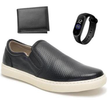 Imagem de Kit Slip On Masculino Couro Tênis Iate Sapatênis Sem Cadarço Calce Fácil + Relógio + Carteira-Masculino