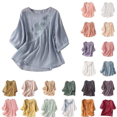 Imagem de Camisas de linho para mulheres, algodão, linho, manga curta, verão, solta, gola redonda, casual, boho, blusa bordada vintage, 1#_azul, M