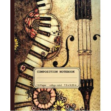Imagem de Caderno de composição pautado na faculdade: bloco de notas inspirado em música com estética vintage de piano e violoncelo para universidade, faculdade ou ensino médio
