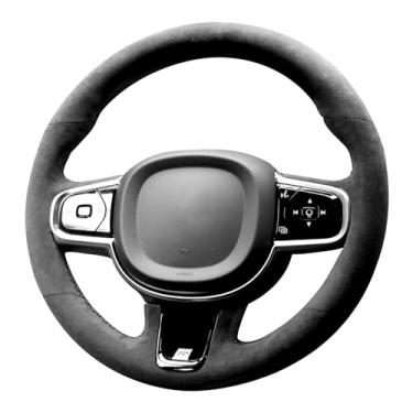 Imagem de Alfanxi Costura à mão Itália Alcantara Capa de volante para Volvo S60/XC60/XC90 R-Design (Alcantara preto com pontos + sem listras)