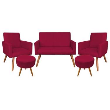 Imagem de Kit Namoradeira 2 Poltronas e 2 Puffs Redondo Nina Suede Vermelho Pés 