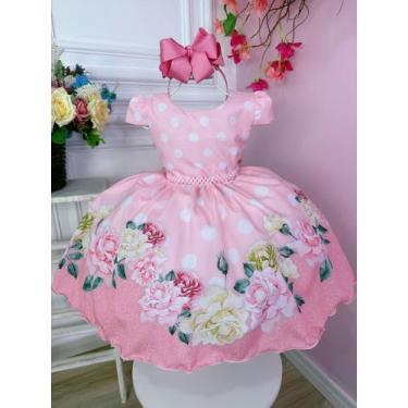 Imagem de Vestido Infantil Rosa Bebê Florido Primavera Cinto Pérolas Luxo Festa 