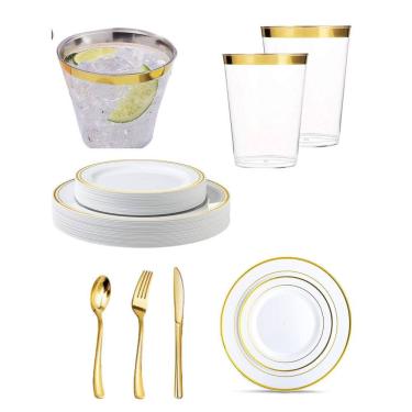 Imagem de Kit 5 Convidados - Copo Prato Descartável De Luxo - Gold