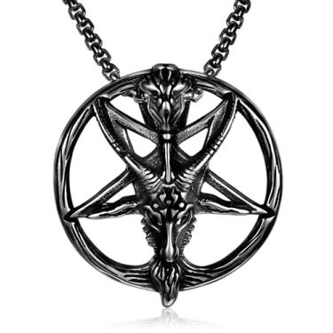 Imagem de Colar com pingente de pentagrama invertido com cabeça de cabra satânica Black Bafomé em aço inoxidável, 61 cm, Aço inoxidável, desconhecido