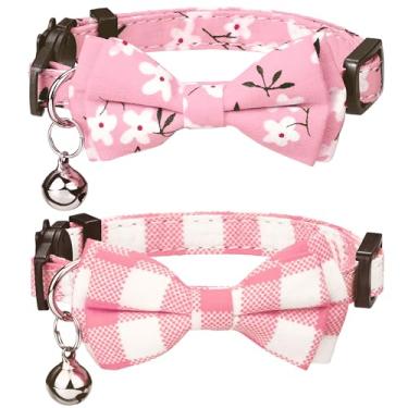 Imagem de G-ficu Pacote com 2 colares para gatos com lindo pingente de sino, coleiras xadrez de flores para meninas, meninos, gatos, gatinhos com fivela de segurança ajustável - rosa