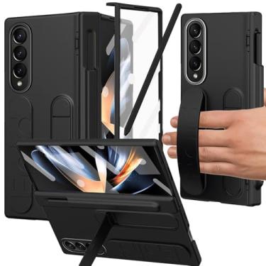Imagem de YQODSZ Capa para Samsung Galaxy Z Fold 4 com suporte para caneta S e caneta Stylus, capa com suporte Z Fold 4 com alça de mão, protetor de tela com borda elevada para Z Fold 4, preta