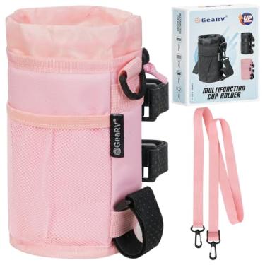 Imagem de GEARV Suporte de copo de bicicleta com alça de ombro, suporte de garrafa de água para caminhadas, scooter, UTV/ATV, carrinho de golfe, acessórios universais para suporte de bebida (rosa)