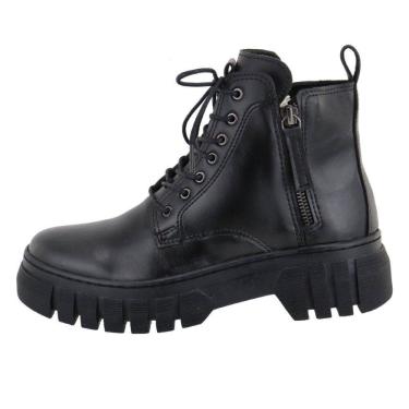 Imagem de Coturno Plataforma Tratorado Feminino Motoqueira Cano Curto Sola Borracha Fechamento Cadarço e Ziper