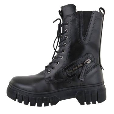 Imagem de Bota Coturno Tratorada Feminina Motoqueira Fechamento Cadarço Ajuste Elastico Sola Borracha