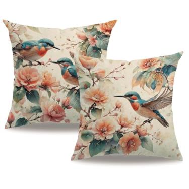 Imagem de 7COLORROOM Conjunto de 2 capas de almofada aquarela pássaros primavera flor e beija-flor pintura laranja/azul pássaros fronhas decorativas para casa 45,7 x 45,7 cm para cama de móveis de pátio