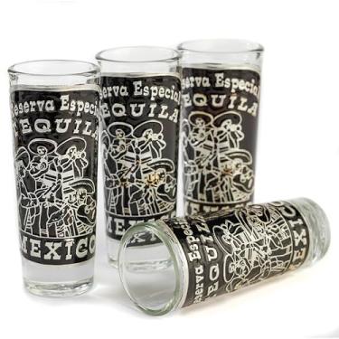 Imagem de MEXTEQUIL Conjunto de copos mexicanos feitos à mão (4 peças) com placa de alumínio Repousse (Mariachi)