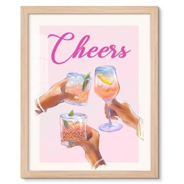 Imagem de Impressão de arte de parede Cheers Funky Champagne Cocktail Cheers imagem rosa estética quarto decoração Happy Cheers bebidas alcoólicas arte emoldurada para quarto de meninas casa bar pub bar