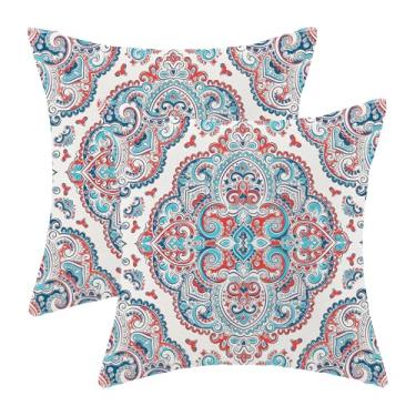 Imagem de Conjunto de 2 capas de almofada boho azul-petróleo aqua 45,7 x 45,7 cm, estampa de tapete laranja queimado, design étnico, retrô, decoração de casa de fazenda, quadrada, decoração de casa de fazenda,