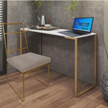 Imagem de Kit Escritório Stark Cadeira e Mesa Industrial Ferro Dourado Tampo mdf Branco Corino Be...