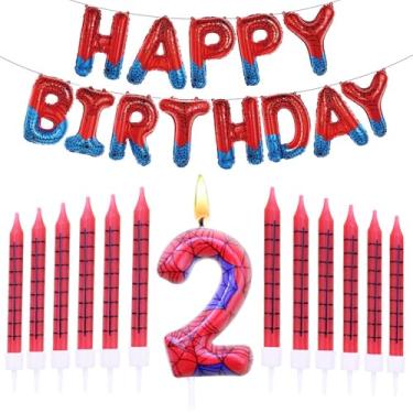 Imagem de Faixa de feliz aniversário com tema de aranha, 13 peças, conjunto de velas de aniversário com tema de aranha, número 2, topo de bolo, suprimentos de decoração de festa de aranha (RedBule-2)