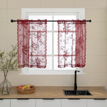 Imagem de Cortinas de cozinha de renda bordô 91 cm de comprimento para quarto, apartamento, bolso de varão, filtragem de luz, cortinas de renda para janela pequena, decoração de privacidade para banheiro