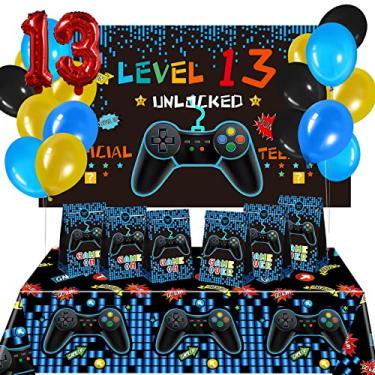 Imagem de Decorações de aniversário de 13 anos para meninos Artigos de festa de vídeo games 69 peças, decoração de aniversário de nível 13, capa de mesa de jogo de vídeo, balões de jogador azul bolsa de favor para festa de videogame