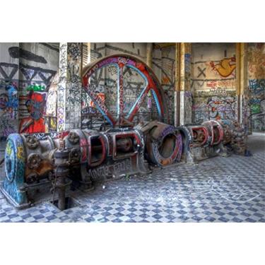 Imagem de Leyiyi Pano de fundo de fábrica abandonada de 3 x 2,4 m Grunge Graffiti Parede Vintage Pintura a Óleo Passagem Heavy Metal Industry Machine Fotografia Fundo Cowboy Festa Oeste Retrato Vinil Studio