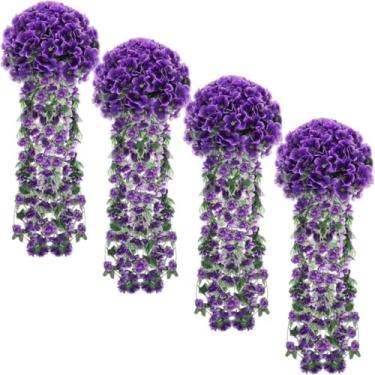 Imagem de TONGMAN 4 peças de flores artificiais de hera violeta para pendurar, plantas artificiais para pendurar em casa, casamento, jardim, quintal, decoração interna e externa, 80 cm (roxo)