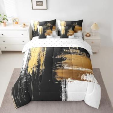 Imagem de Feelyou Conjunto de edredom de arte abstrata moderna com lençóis, dourado e preto, tamanho Queen, abstrato, 7 peças, para crianças, meninos, meninas, cama geométrica em uma bolsa