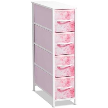 Imagem de Sorbus Torre de cômoda estreita com 4 gavetas – Organizador de armazenamento vertical para quarto – Crianças meninos e meninas, banheiro, lavanderia, armários e mais, moldura de aço, parte superior de madeira, caixas de tecido, (rosa tingido)