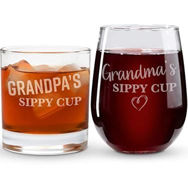 Imagem de On The Rox Drinks Grandma and Grandpa Gifts - 17oz Grandma's and 11oz Grandpa's Sippy Cups, Set of 2- Gift Wine and Whiskey Glasses - Gift Ideas for First-Time Grandmother or New Grandparents