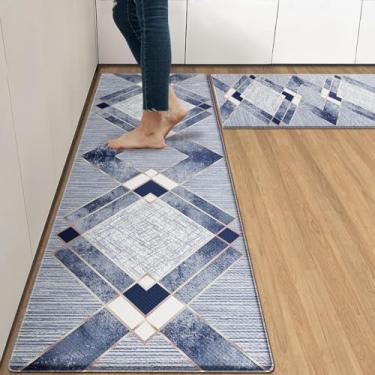 Imagem de Arttown Conjunto de 2 tapetes de cozinha antifadiga azul marinho geométrico, linha dourada, vintage, acolchoado, impermeável, antiderrapante, tapete de cozinha e tapete de espuma confortável de PVC