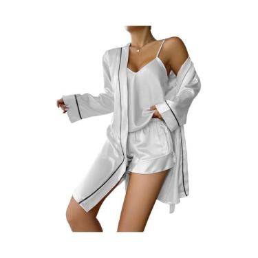 Imagem de Conjunto de Pijama Feminino de Cetim - Manga Longa, Decote V, Shorts e