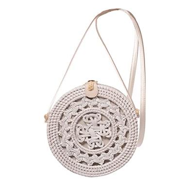 Imagem de SHAREYOIU Bolsas brancas feitas à mão com ombros de vime, natural, chique, estilo tropical de praia com alça de couro, Gravata, Big，7.87x 3.2 inch