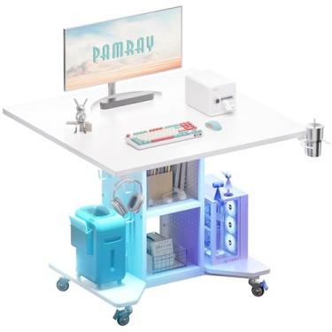 Imagem de Pamray Mesa de jogos pequena com rodinhas com luzes de LED, tomadas de energia e quadro de armazenamento, mesa compacta para computador PC com espaços pequenos branca